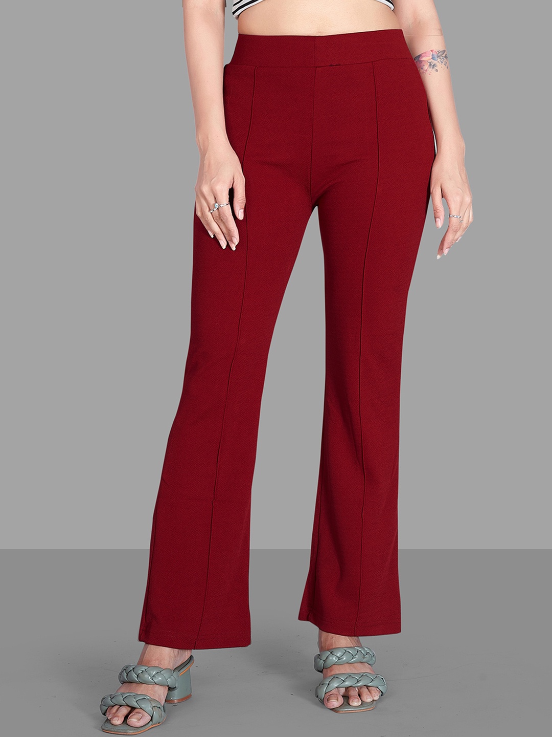 

Wuxi Women Relaxed Straight Fit High-Rise Easy Wash Bootcut Trousers, Maroon