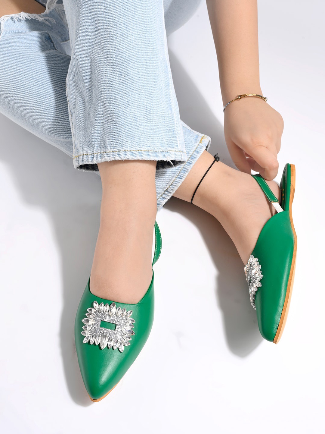

Shoetopia Embellished Pointed Toe Mules, Green