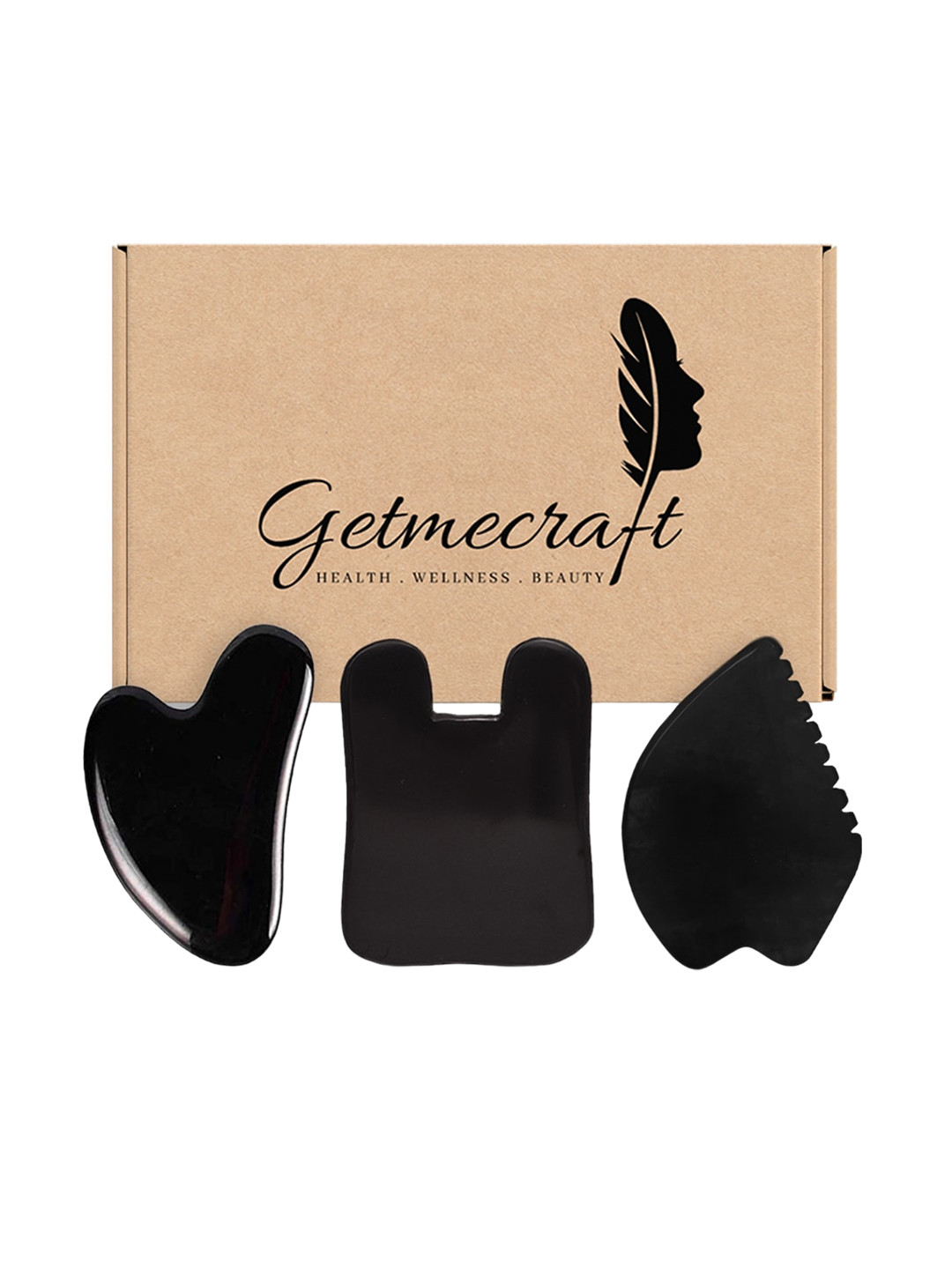 

Getmecraft 3-Pcs Obsidian Gua Sha-Leaf Shape Gua Sha & Rabbit Ear Shape Gua Sha, Black