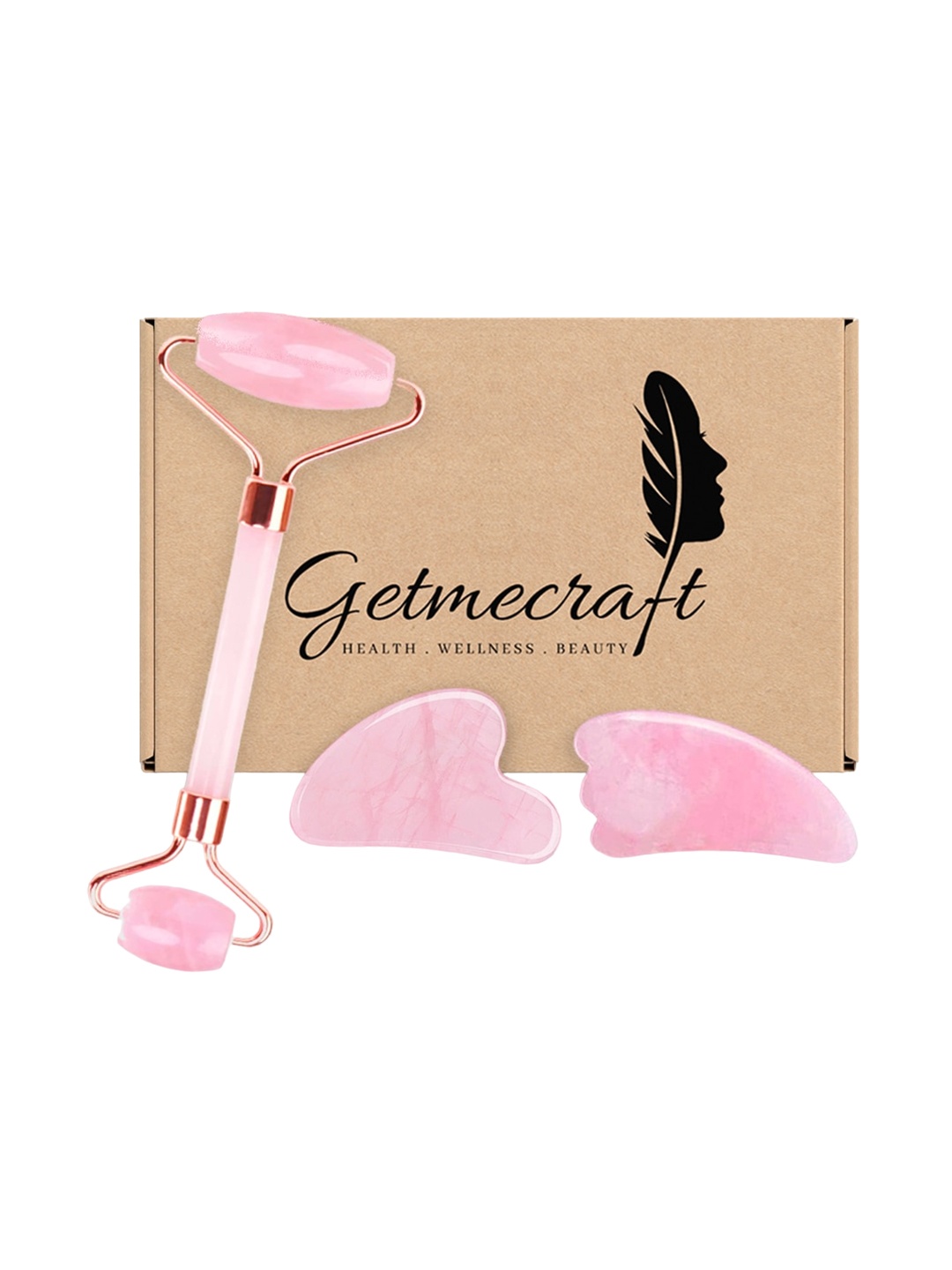 

Getmecraft Set of Rose Quartz Roller & 2 Gua Sha with Wing, Pink