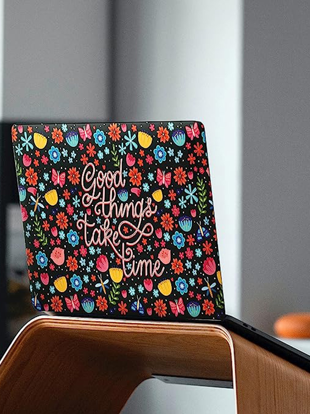 

happywagon Good Things & Floral Print Laptop Skin, Black