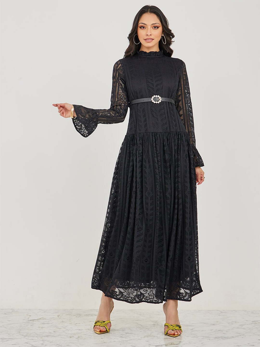 

Styli Floral Self Design High Neck Bell Sleeves Lace Insert Belted Maxi Dress, Black