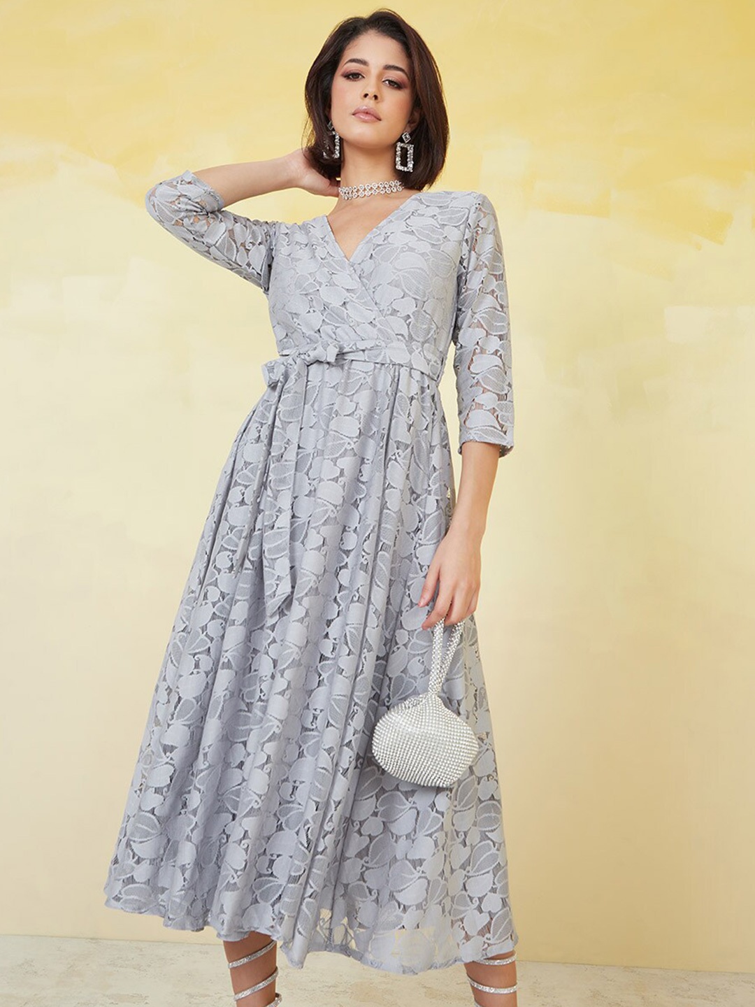

Styli Lace Insert A-Line Midi Dress with Self Tie, Grey