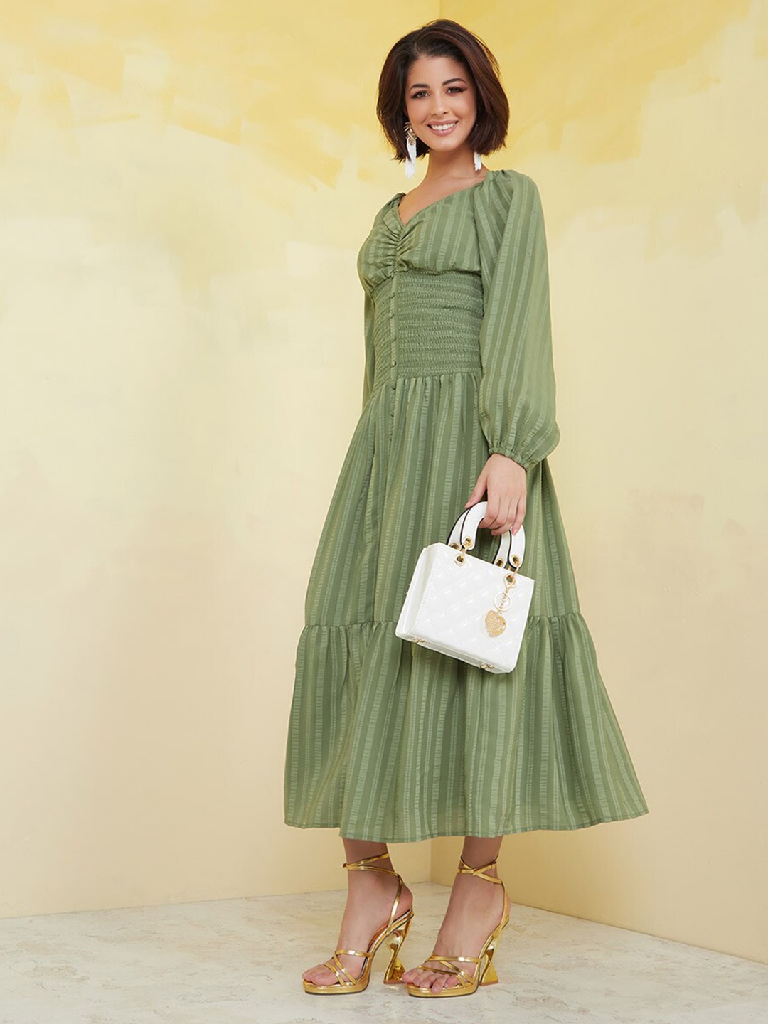 

Styli Printed Smocked Cuffed Sleeves A-Line Midi Dress, Green