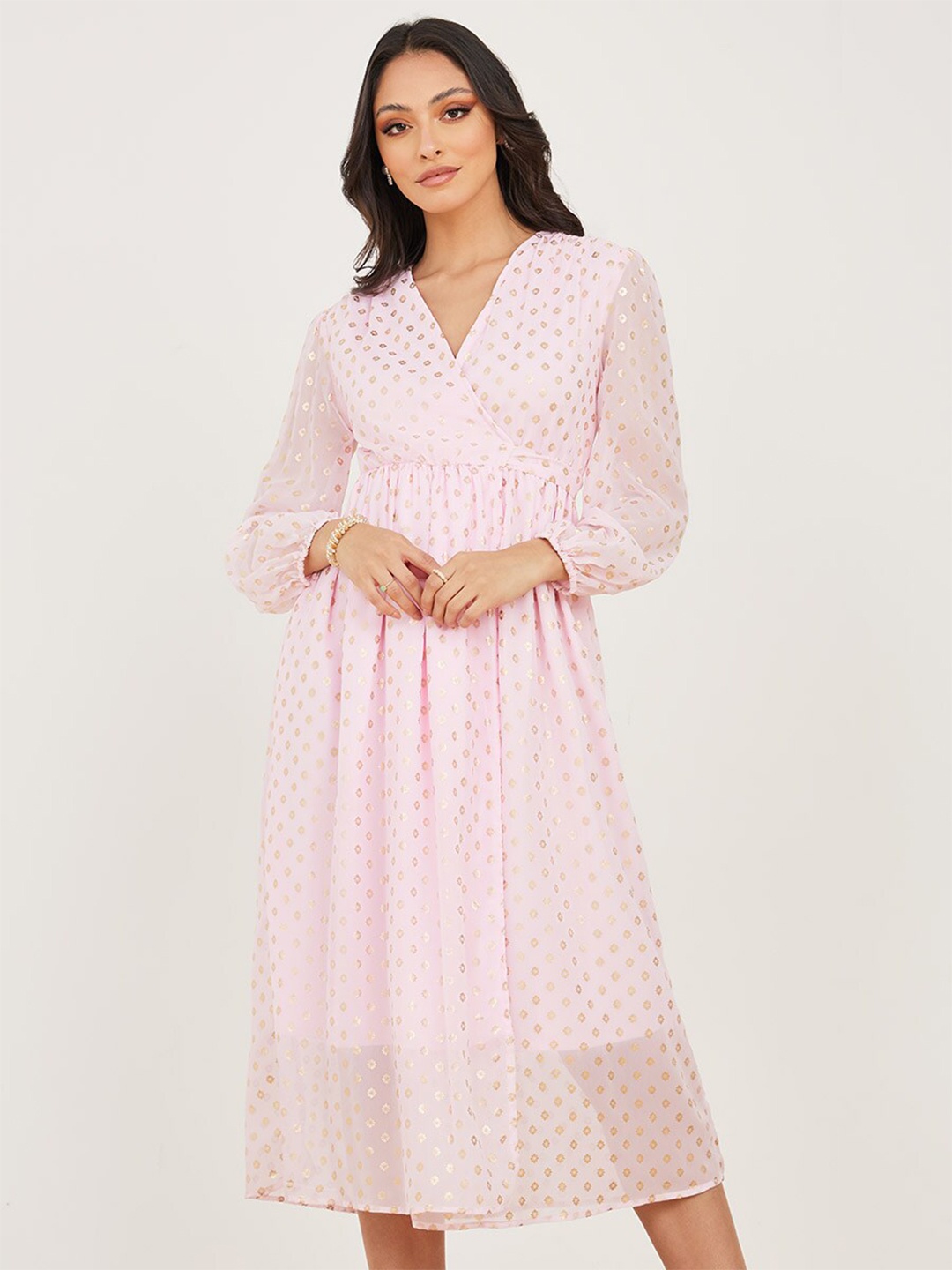 

Styli Foil Print A-Line Midi Dress, Pink