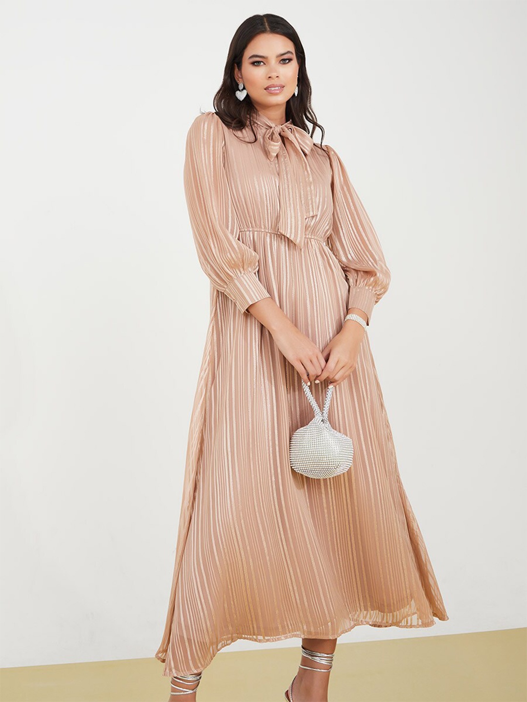 

Styli Tie-Up Neck Lurex Stripe A-Line Maxi Dress, Beige