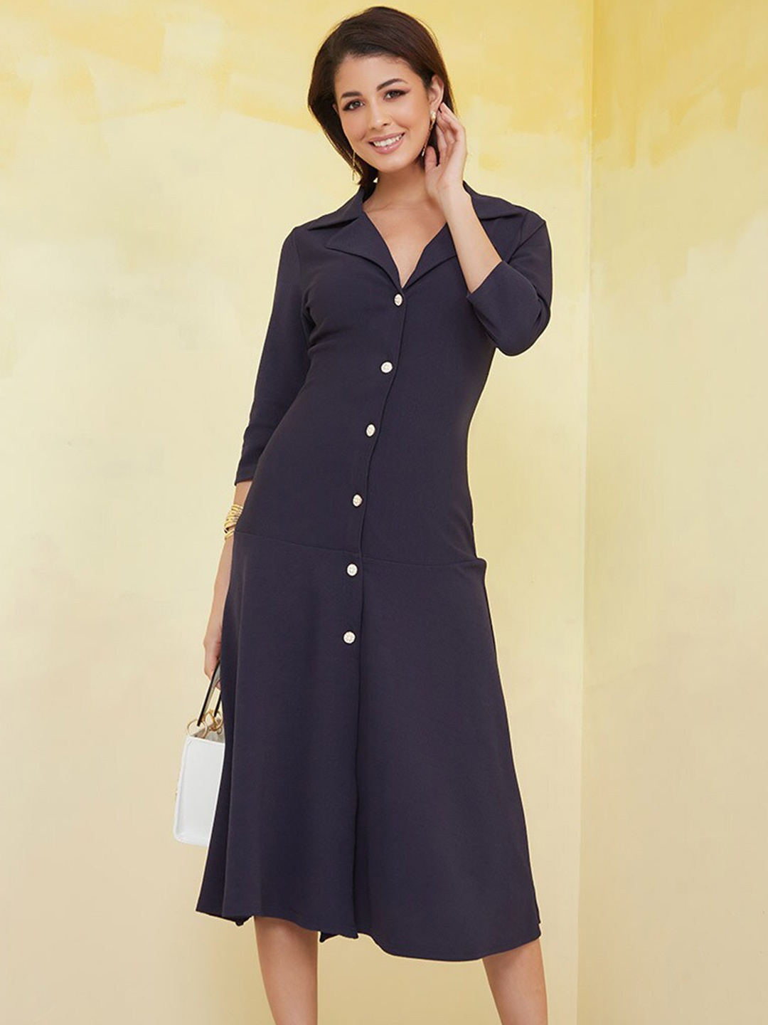

Styli Lapel Collar Shirt Midi Dress, Navy blue
