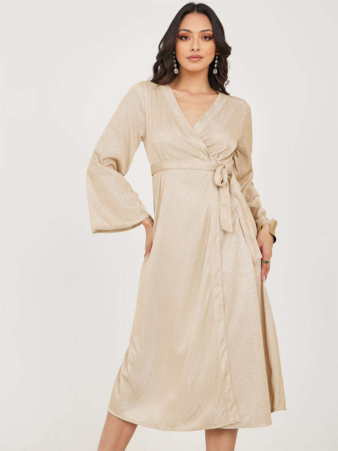 

Styli Shimmery Wrap Midi Dress, Beige