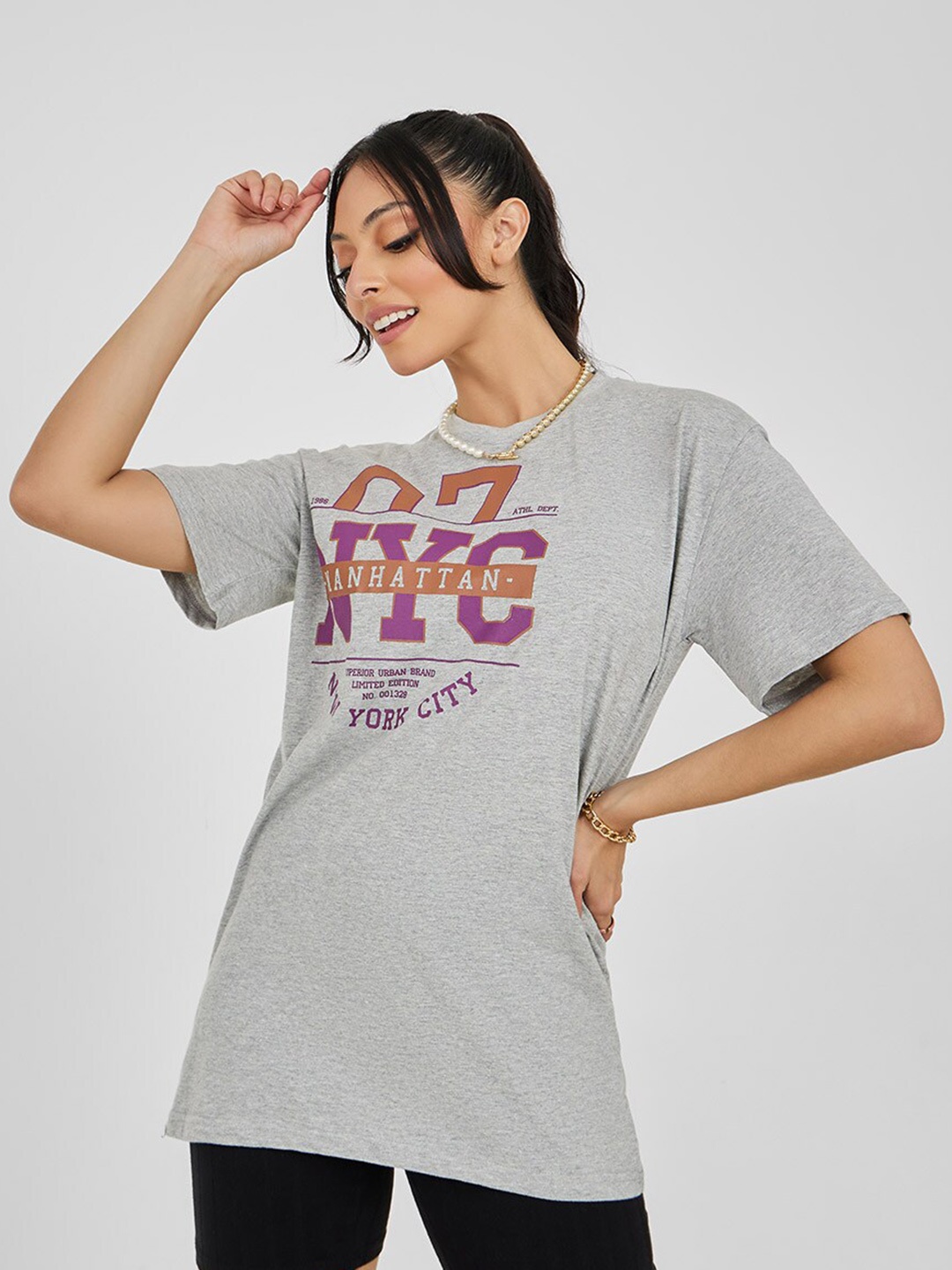 

Styli Manhattan Print Oversized Longline T-shirt, Grey