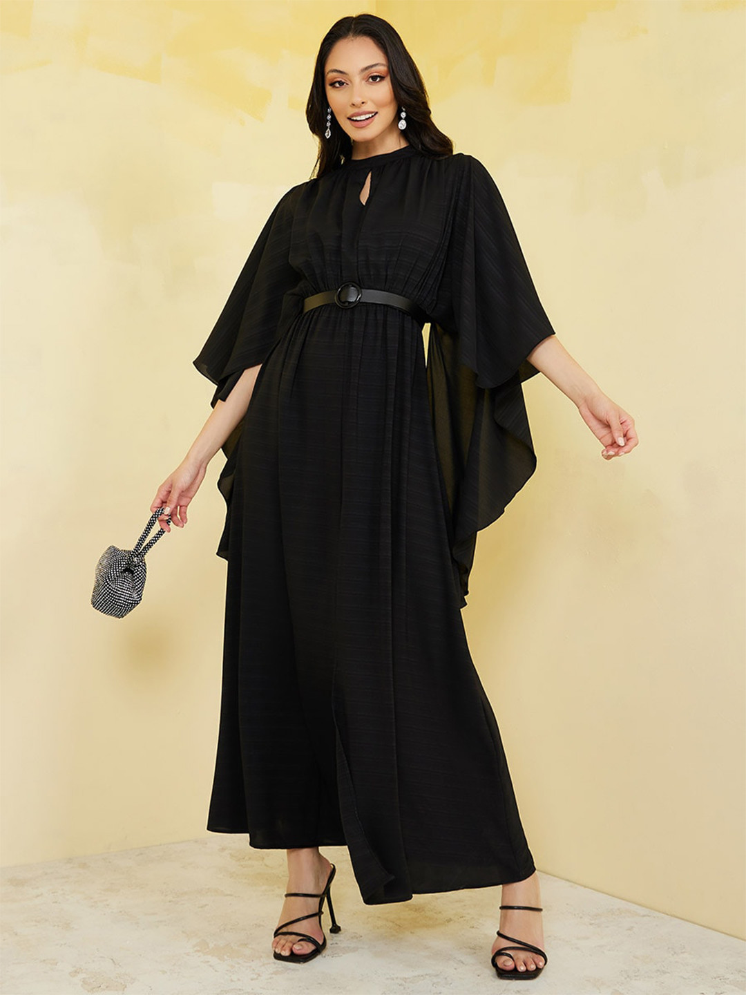 

Styli Striped Keyhole Neck Flared Sleeves Maxi Dress, Black