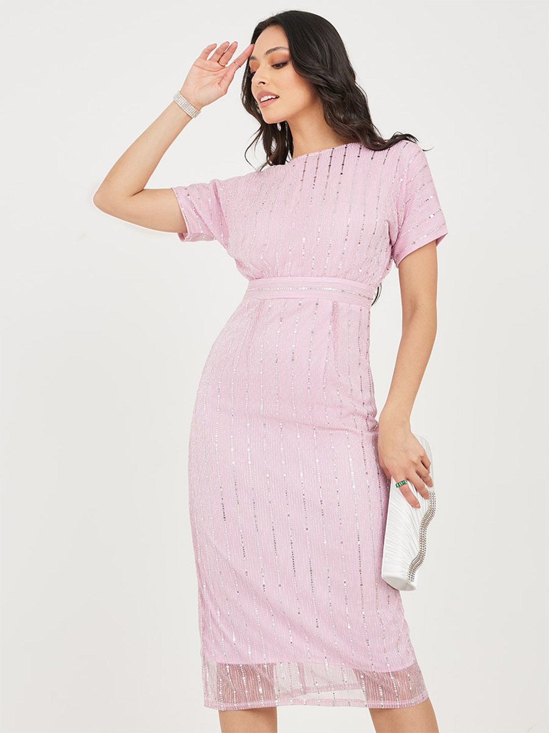 

Styli Sequin Embellished Sheath Midi Dress, Pink