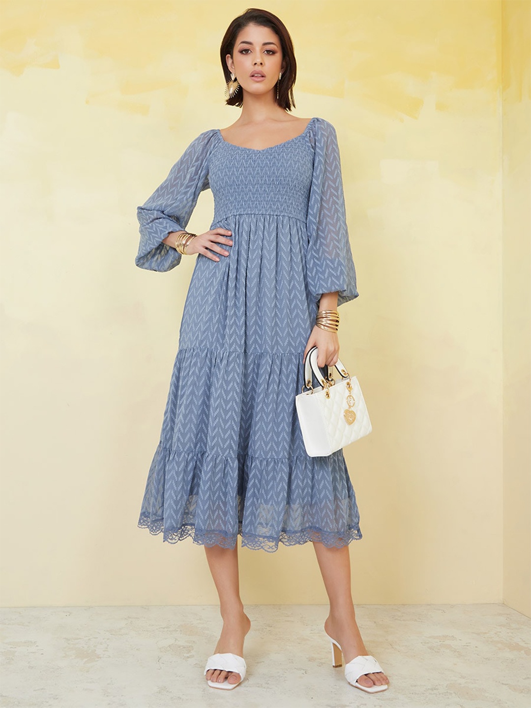

Styli Self-Design Sweetheart Neck Georgette Puff Sleeves Tiered A-Line Midi Dress, Blue