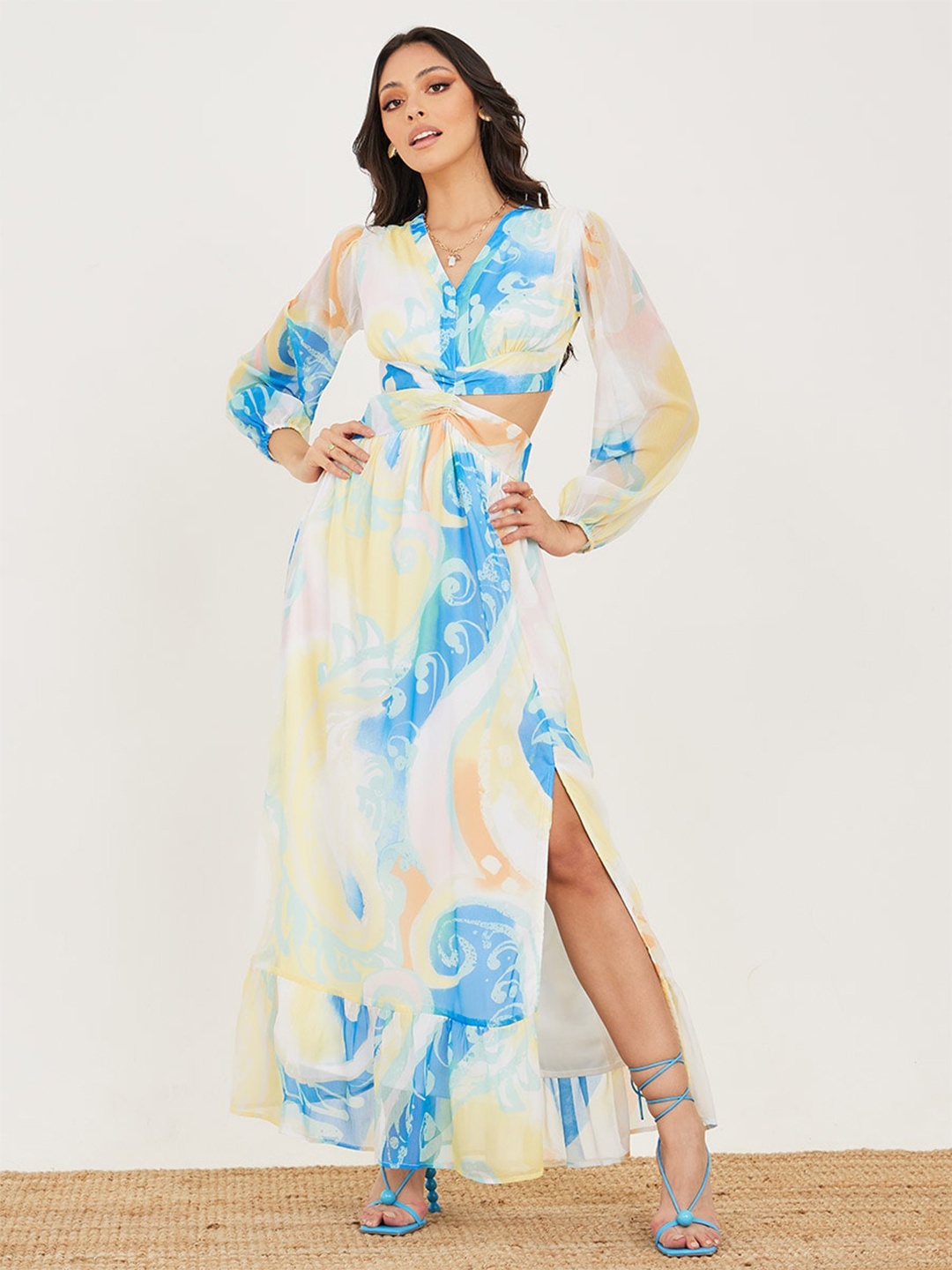 

Styli Abstract Printed Puff Sleeve Maxi Dress, Off white