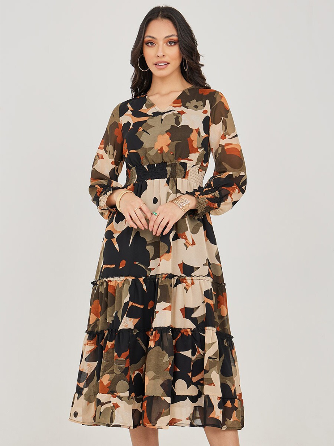 

Styli V-Neck Cinched Waist Tiered Midi Dress, Black