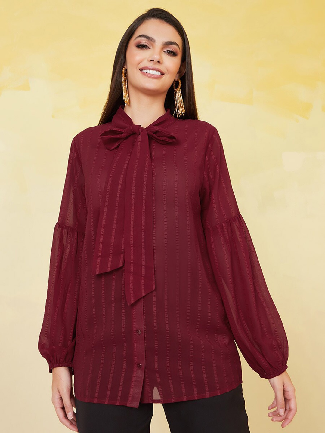 

Styli Seersucker Striped Tie-Up Neck Bishop Sleeves Longline Shirt Style Top, Burgundy