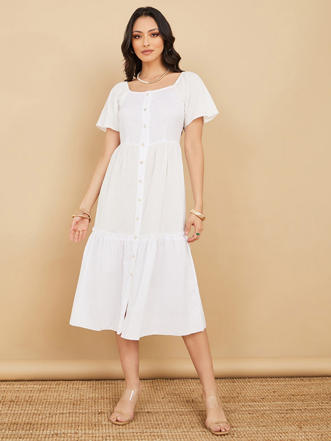 

Styli Square Neck Tiered Midi Dress, White