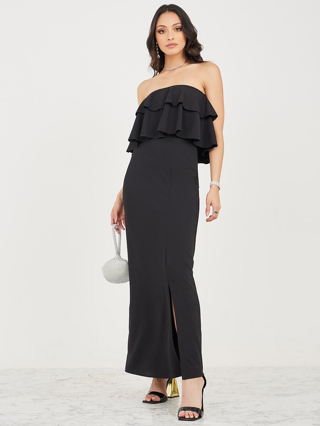 

Styli Bandeau Sheath Maxi Dress with Front Slit, Black