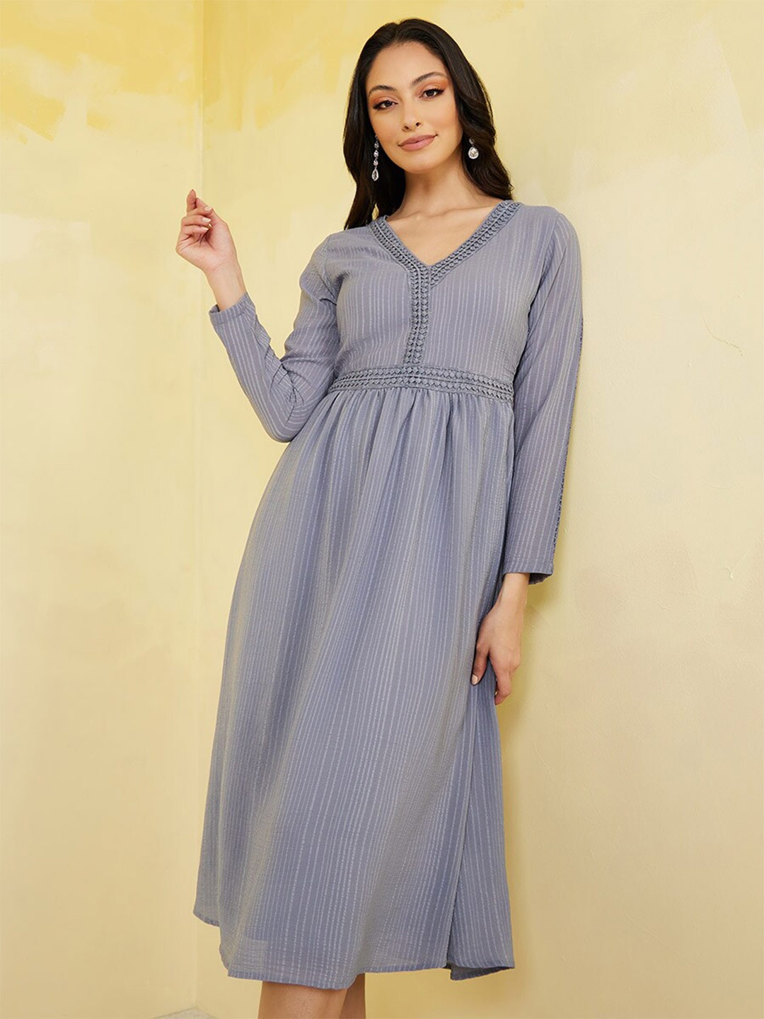 

Styli V Neck Self Design A-Line Midi Dress, Grey