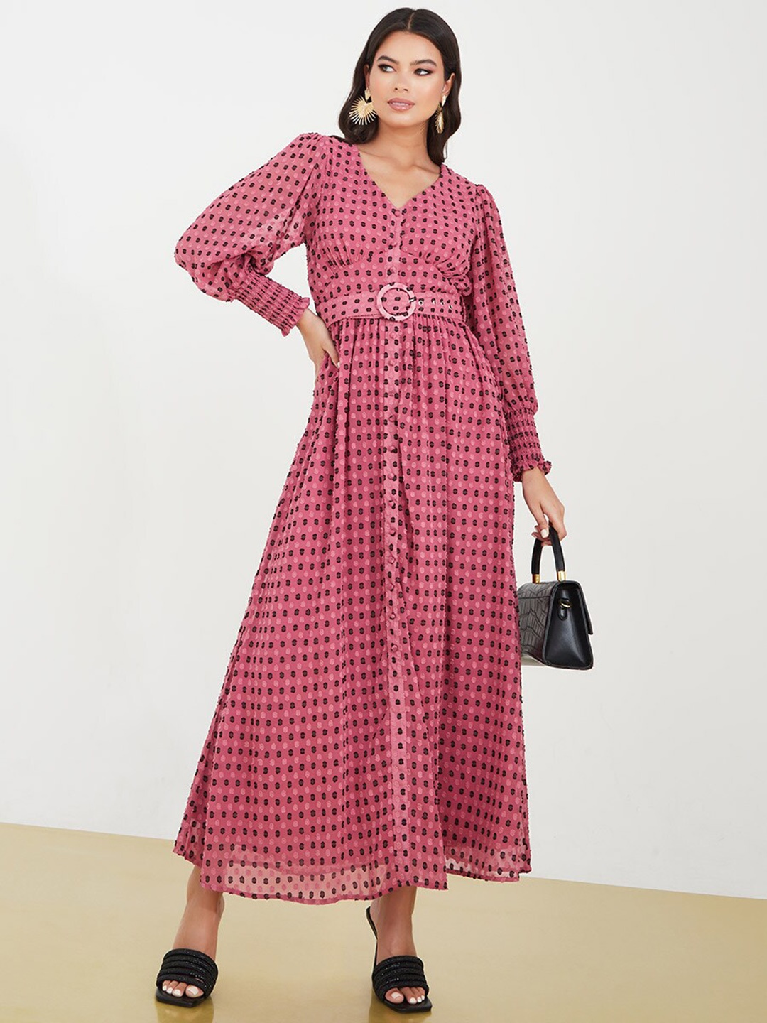 

Styli Dobby A-Line Belted Maxi Dress, Pink
