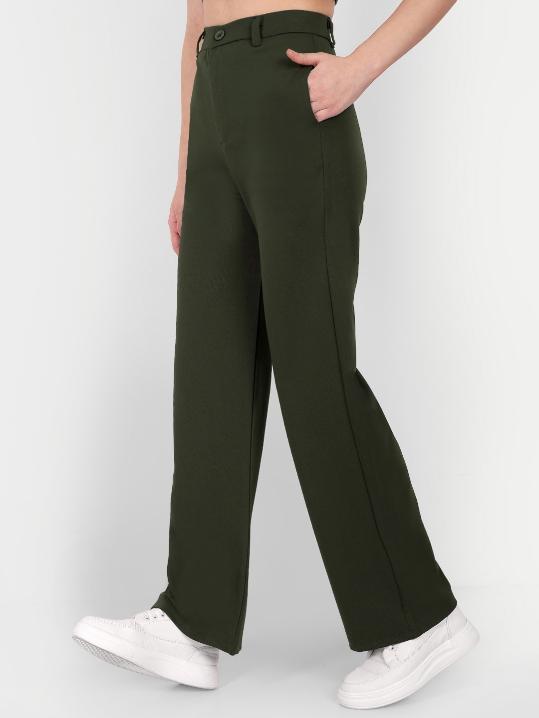 

BROADSTAR Women Smart Straight Fit High-Rise Easy Wash Parallel Trousers, Olive