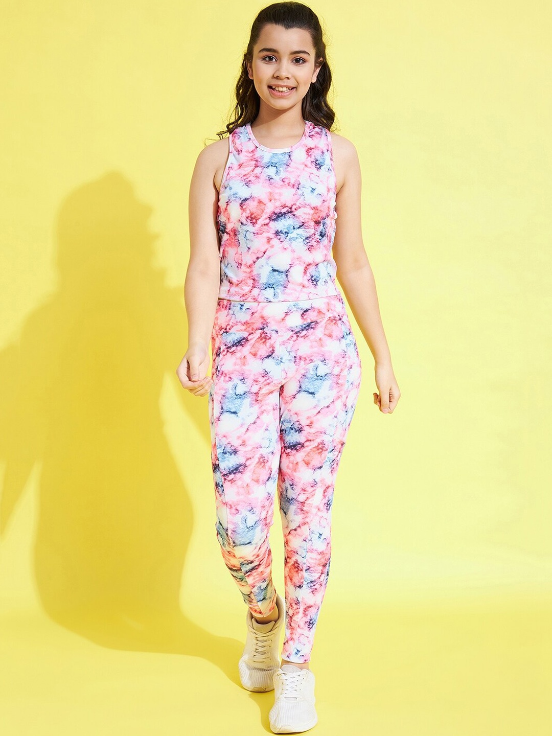 

StyleStone Girls Tie & Dye Printed Tank Crop Top With Tights, Pink