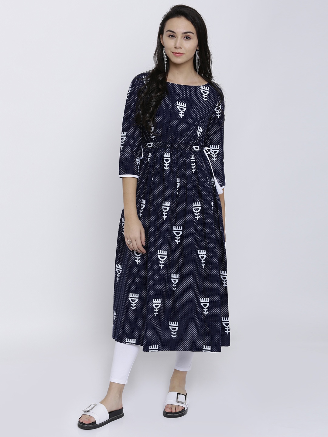 

Vishudh Women Navy & White Polka Dot Print A-Line Kurta, Navy blue