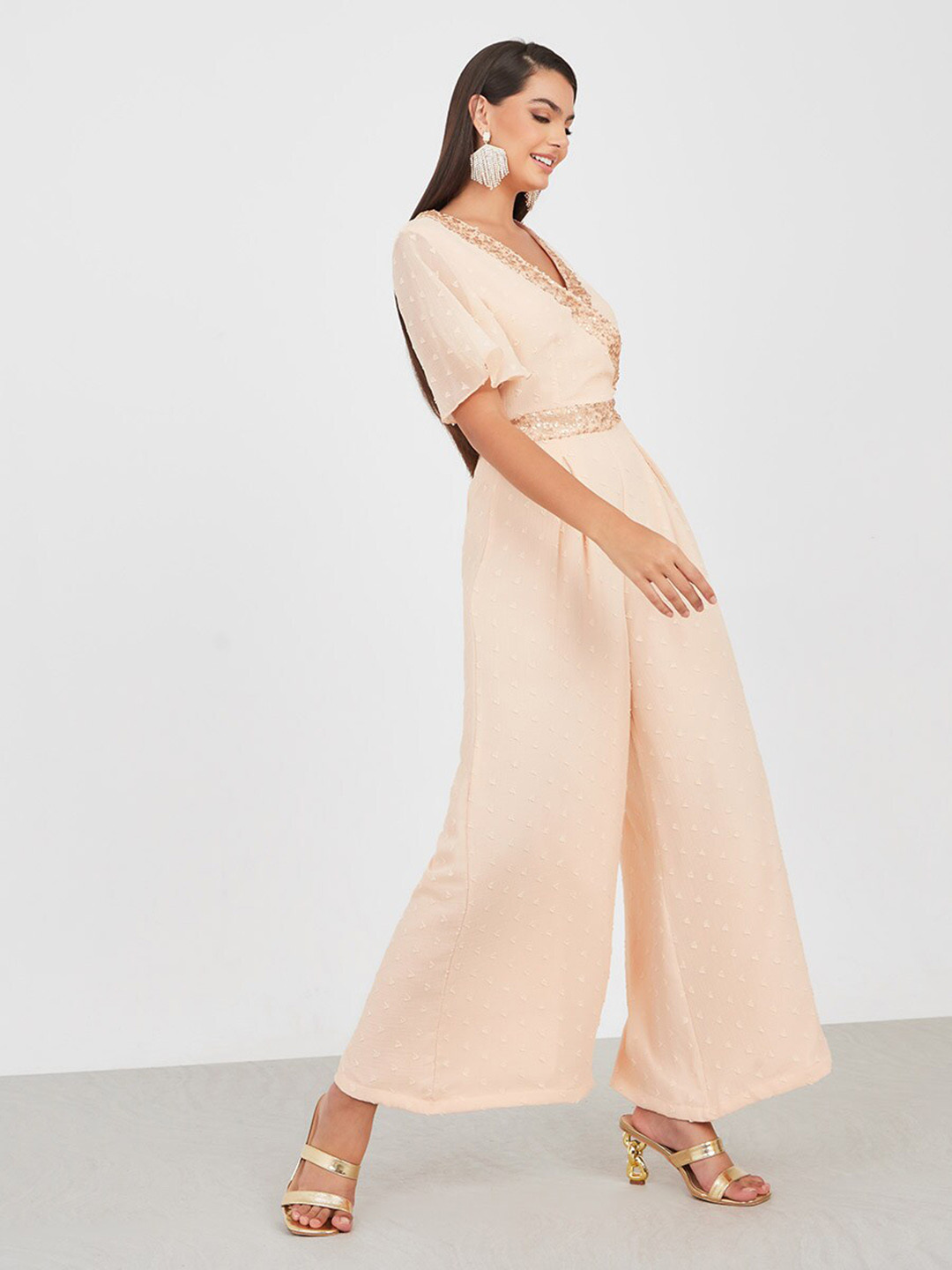 

Styli Cream-Coloured Sequin Embellished Pleated Basic Jumpsuit