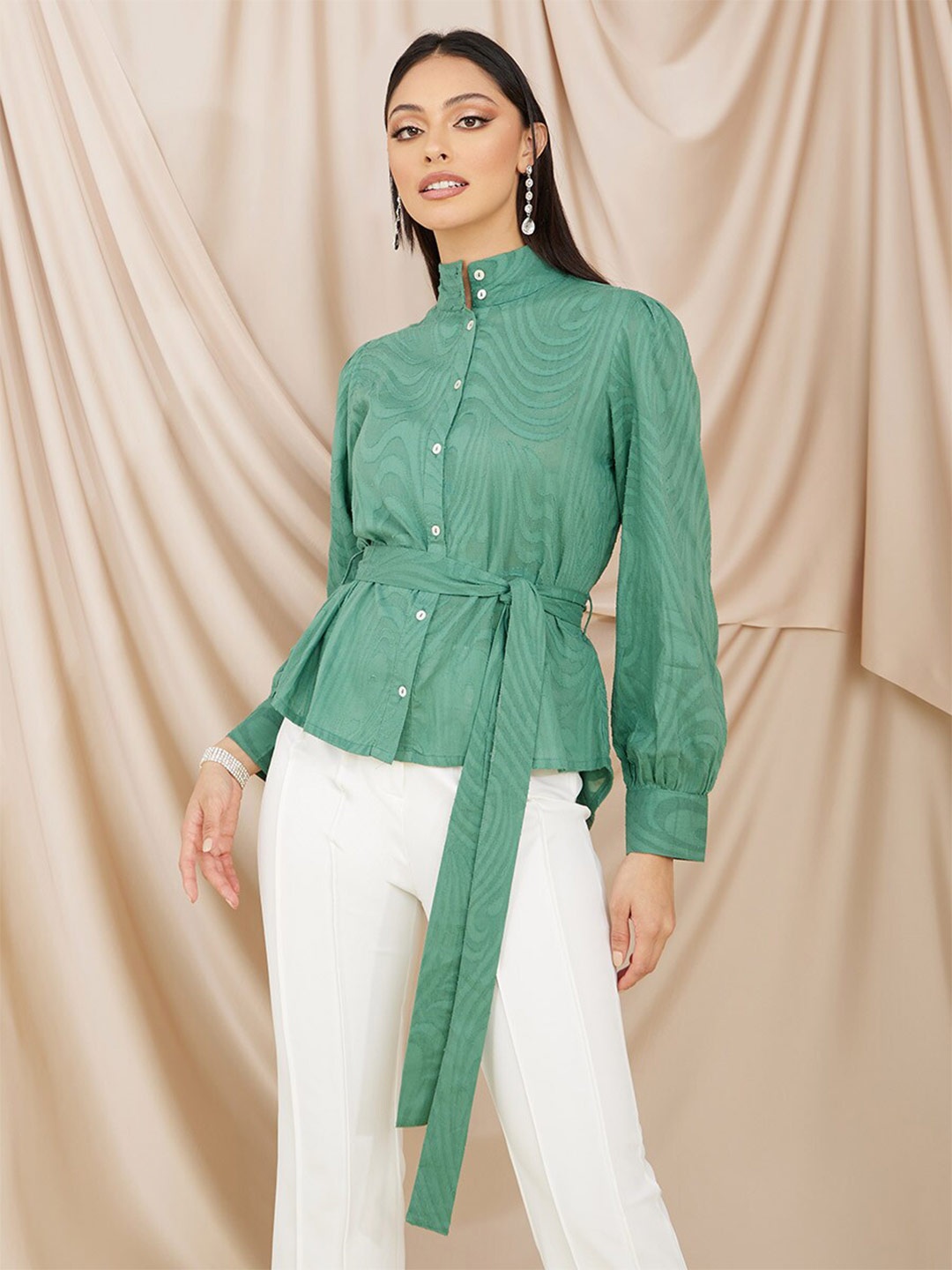 

Styli Self Design High Neck Belted Casual Shirt, Green