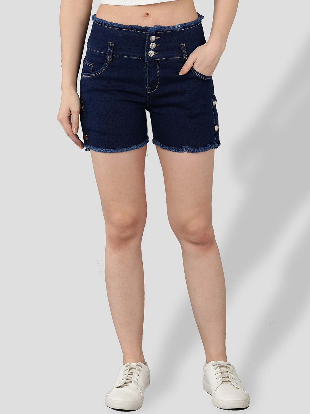 

A-Okay Women Slim Fit High-Rise Frayed Denim Shorts, Blue