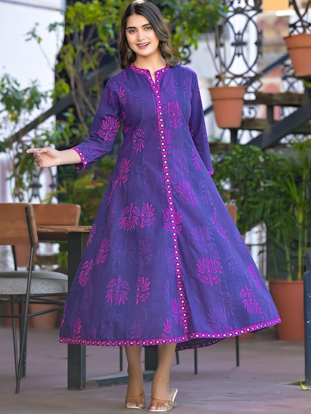 

Ramas Floral Printed Panelled Cotton A-Line Ethnic Dress, Purple