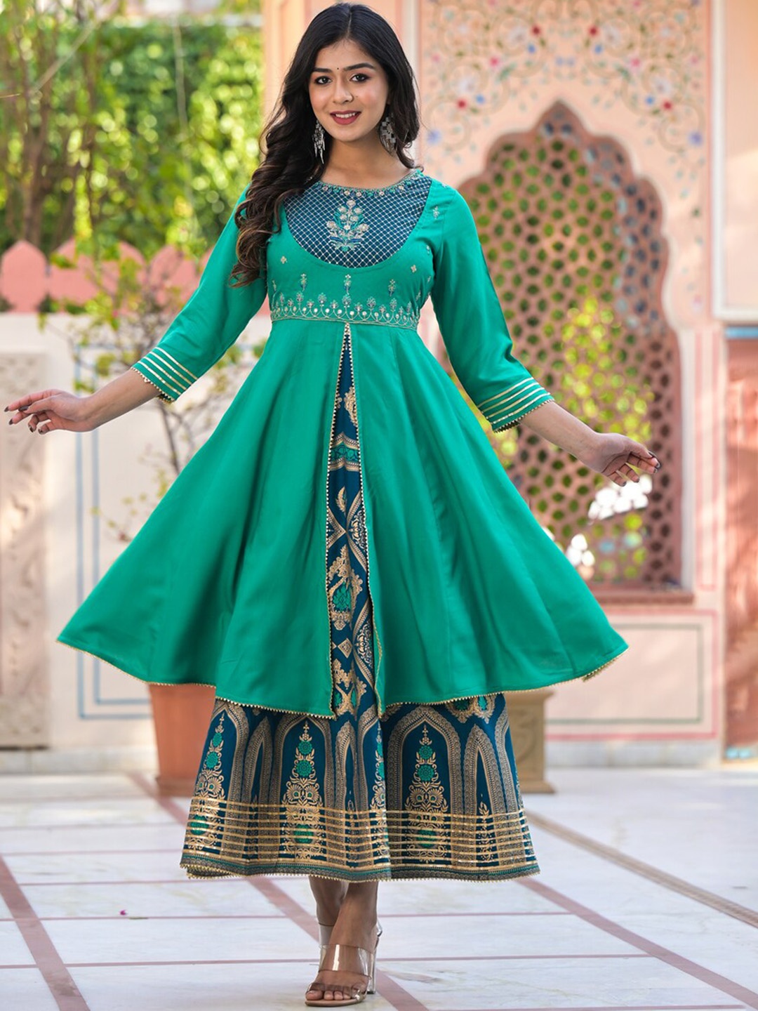 

Ramas Ethnic Motifs Printed A-Line Kurta, Green
