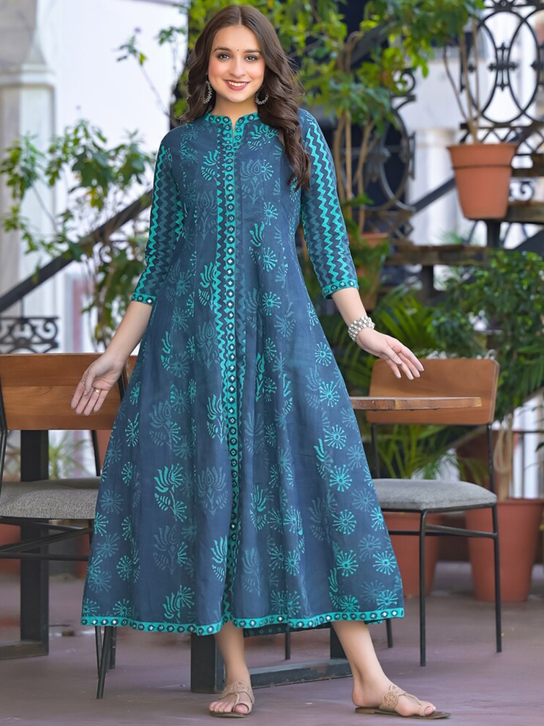 

Ramas Floral Printed Cotton Ethnic Dress, Teal