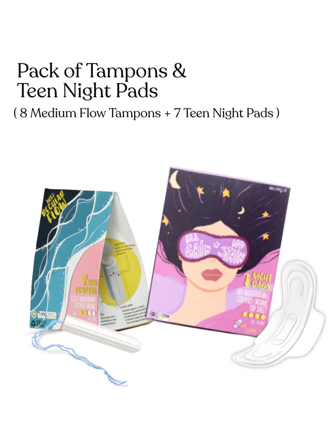 

LEMME BE Combo of 8 Medium Flow Tampons & 7 Teen Night Pads, Na