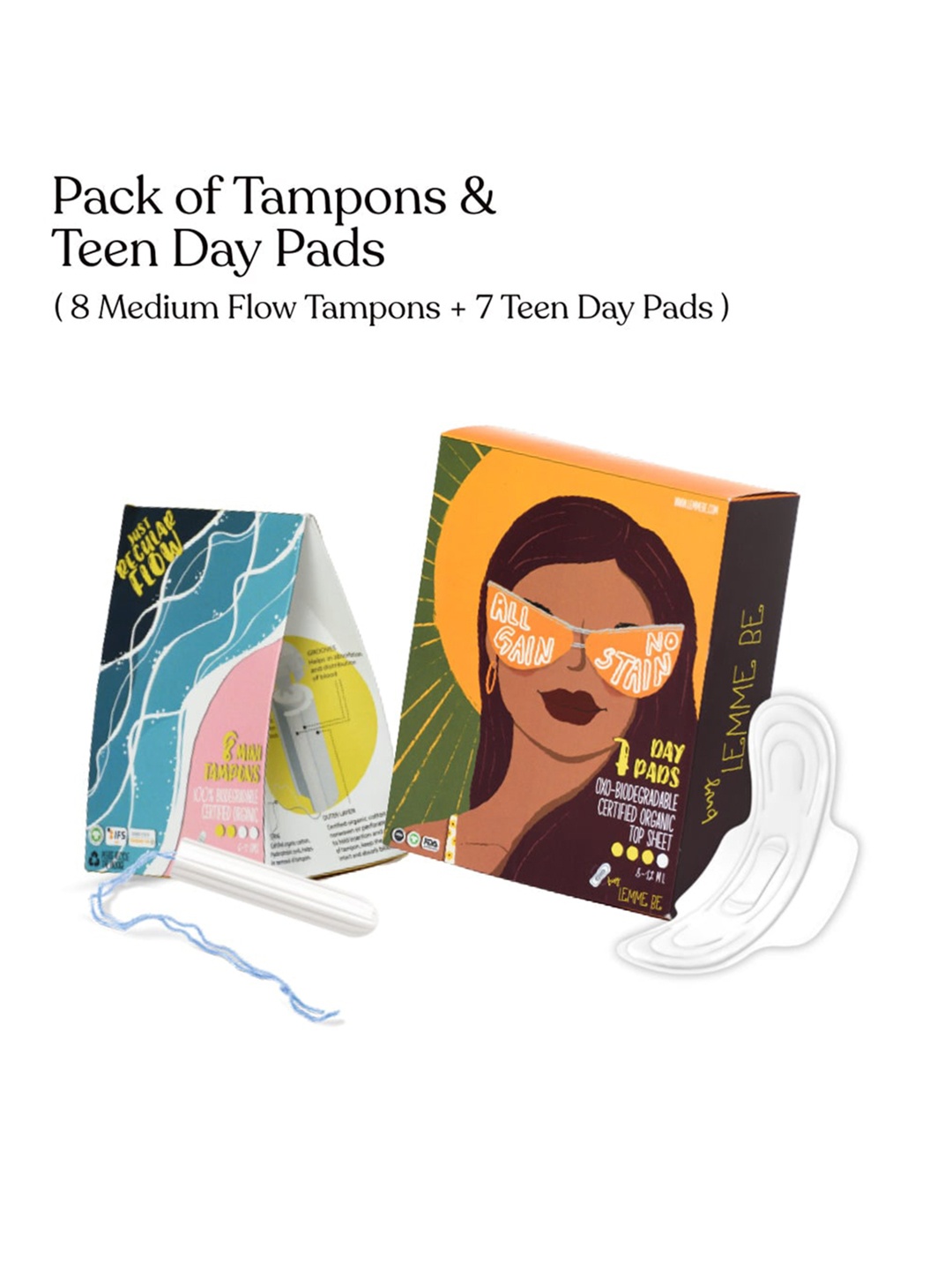 

LEMME BE Combo of 8 Medium Flow Tampons & 7 Teen Day Pads, White