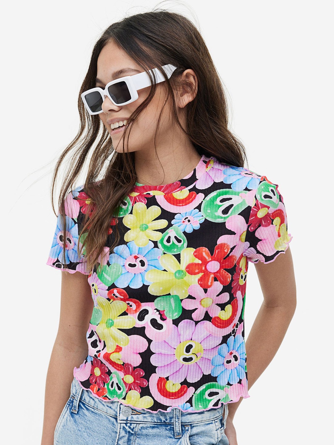 

H&M Girls Printed Ribbed T-shirt, Black