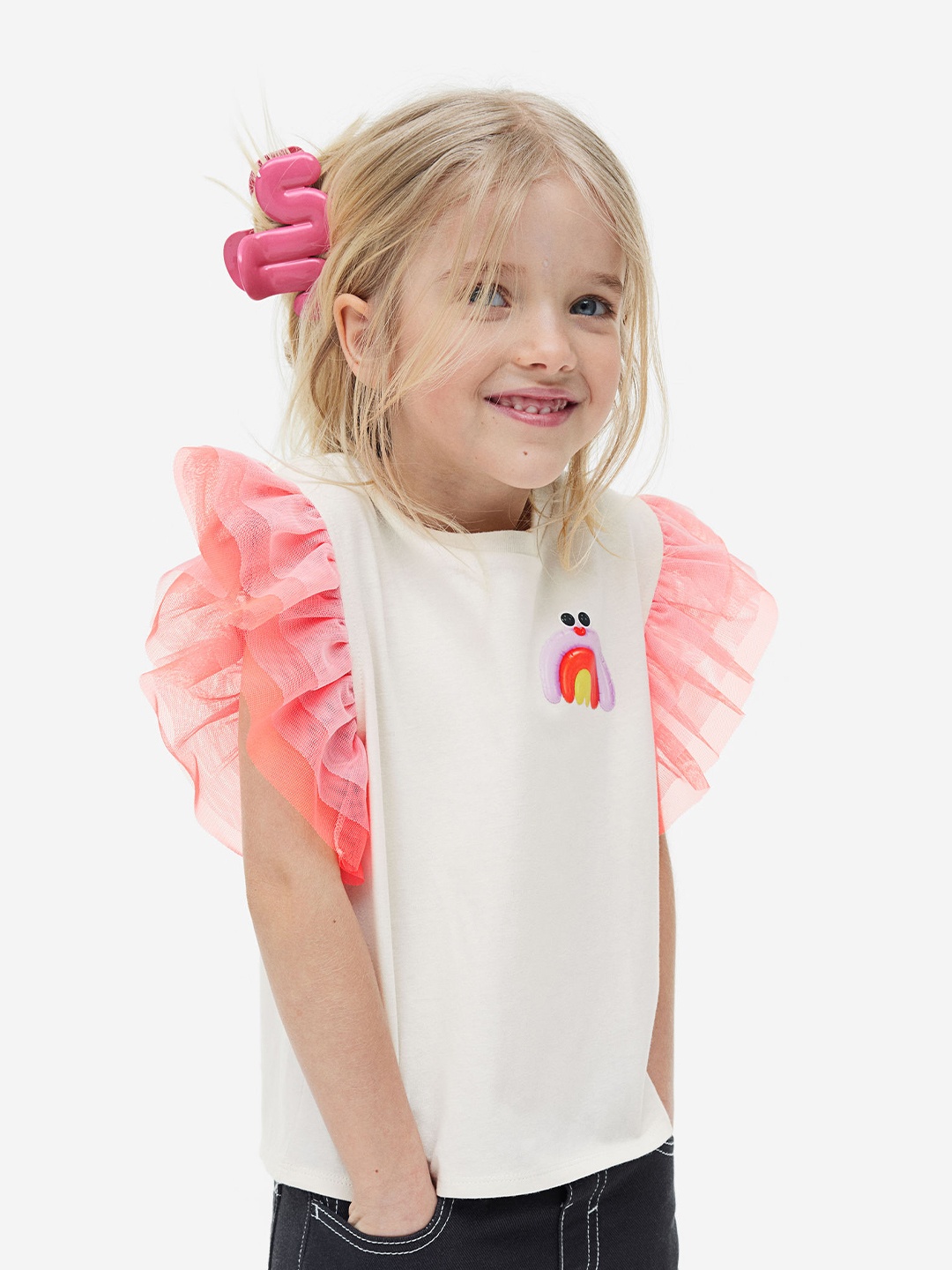 

H&M Girls Tulle-Sleeves Pure Cotton Jersey Top, Off white
