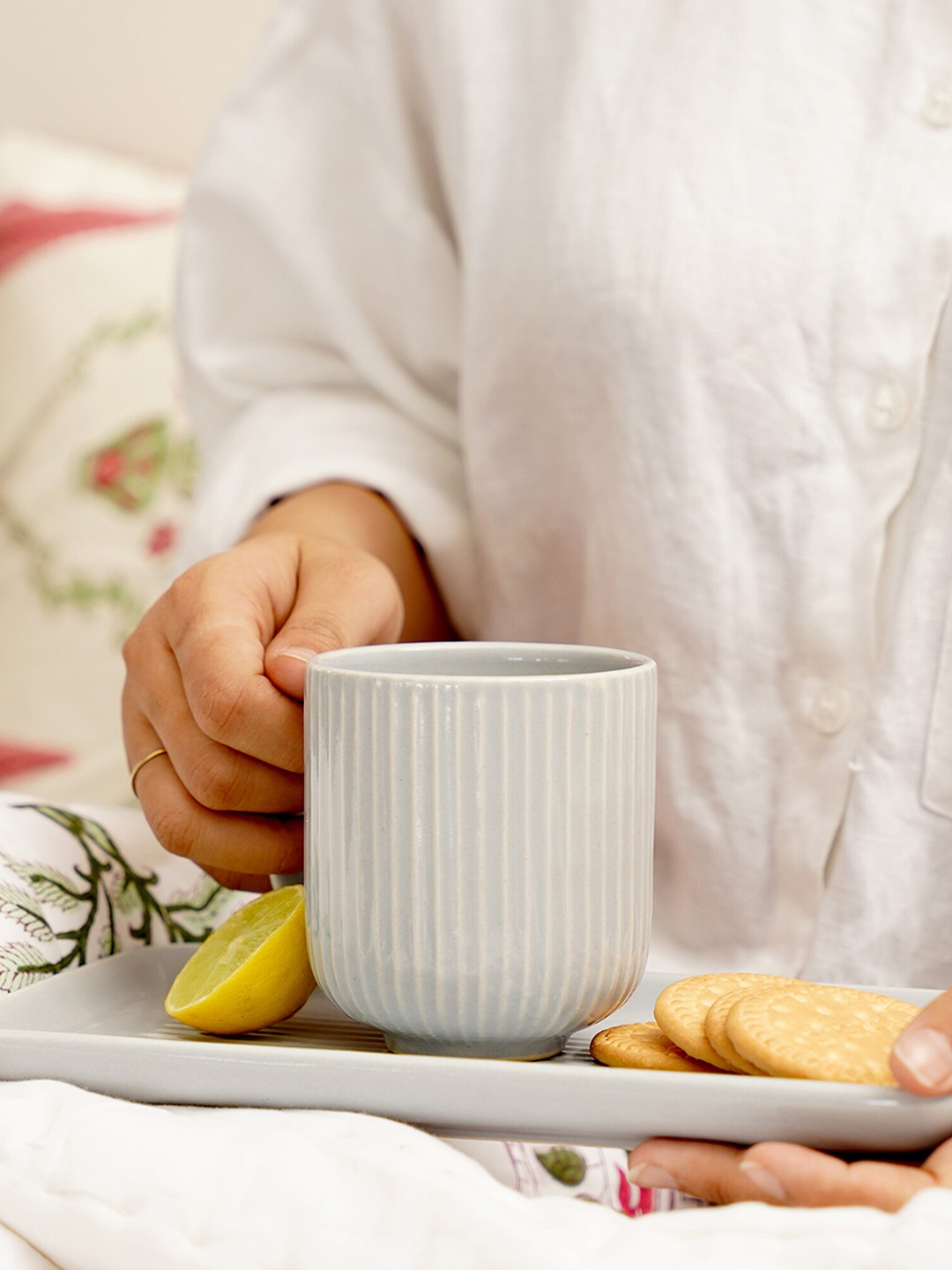 

PUREZENTO Stripped Grey Textured Ceramic Glossy Mug With Tray 320 ml