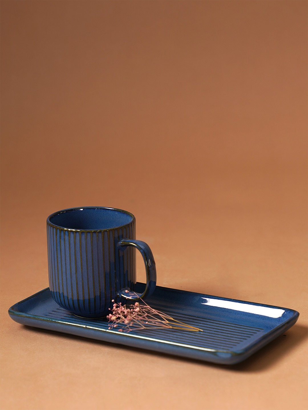 

PUREZENTO Stripped Blue Textured Ceramic Glossy Mug With Tray 320 ml