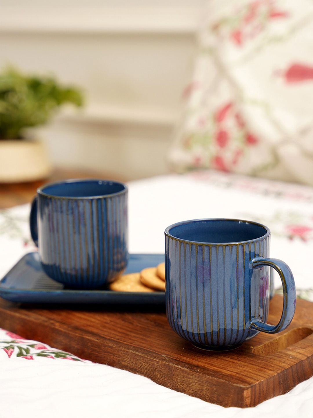 

PUREZENTO Stripped Blue 3 Pieces Textured Ceramic Glossy Mugs With Tray 320 ml Each