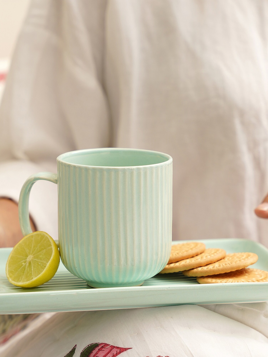 

PUREZENTO Stripped Green Textured Ceramic Glossy Mug With Tray 320 ml