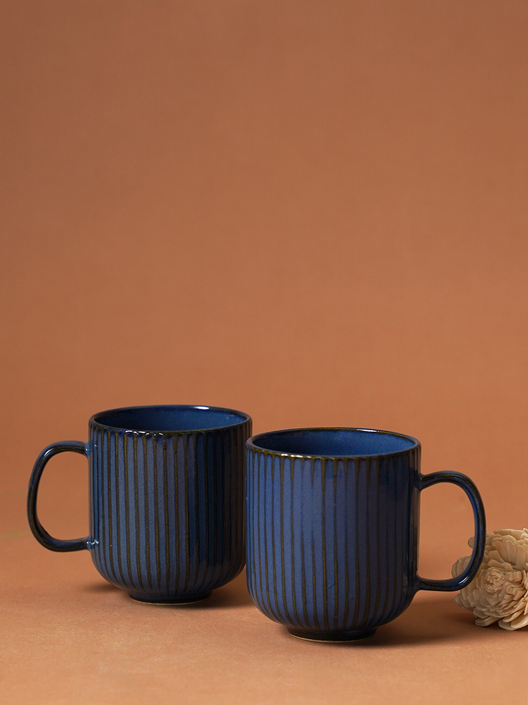 

PUREZENTO Stripped Blue 2 Pieces Textured Ceramic Glossy Coffee Mugs 320 ml Each