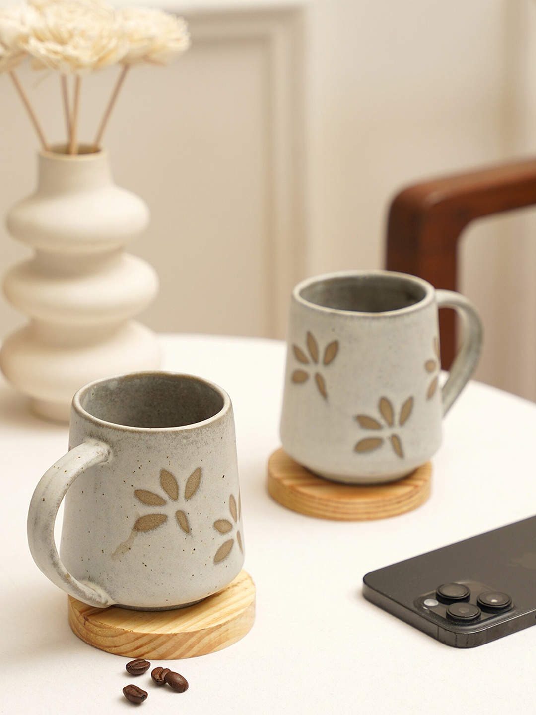 

PUREZENTO Leafy Grey 2 Pieces Printed Ceramic Glossy Coffee Mugs 320 ml Each