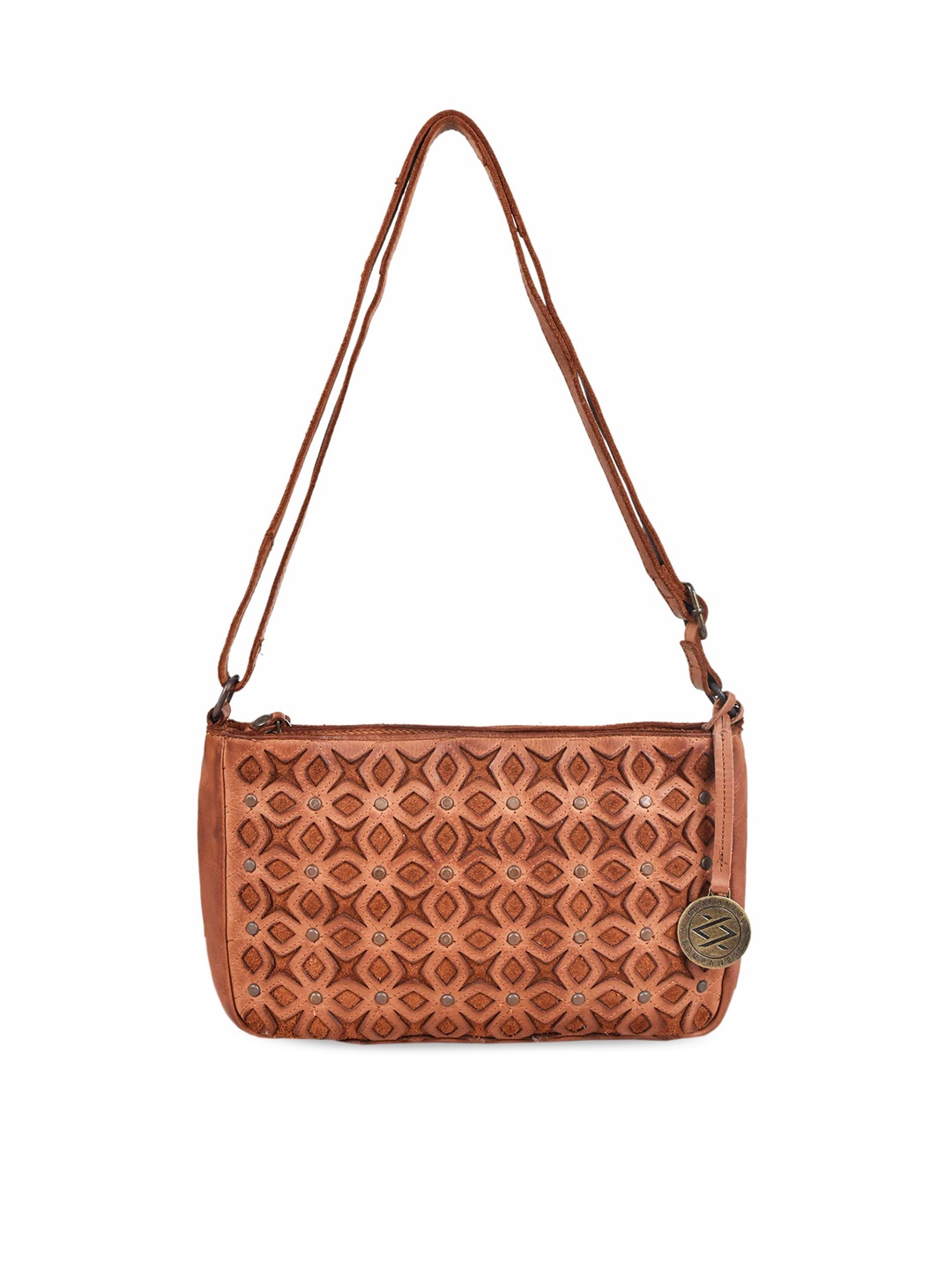 

KOMPANERO Women Ethnic Motifs Textured Leather Structured Sling Bag with Cut Work, Tan