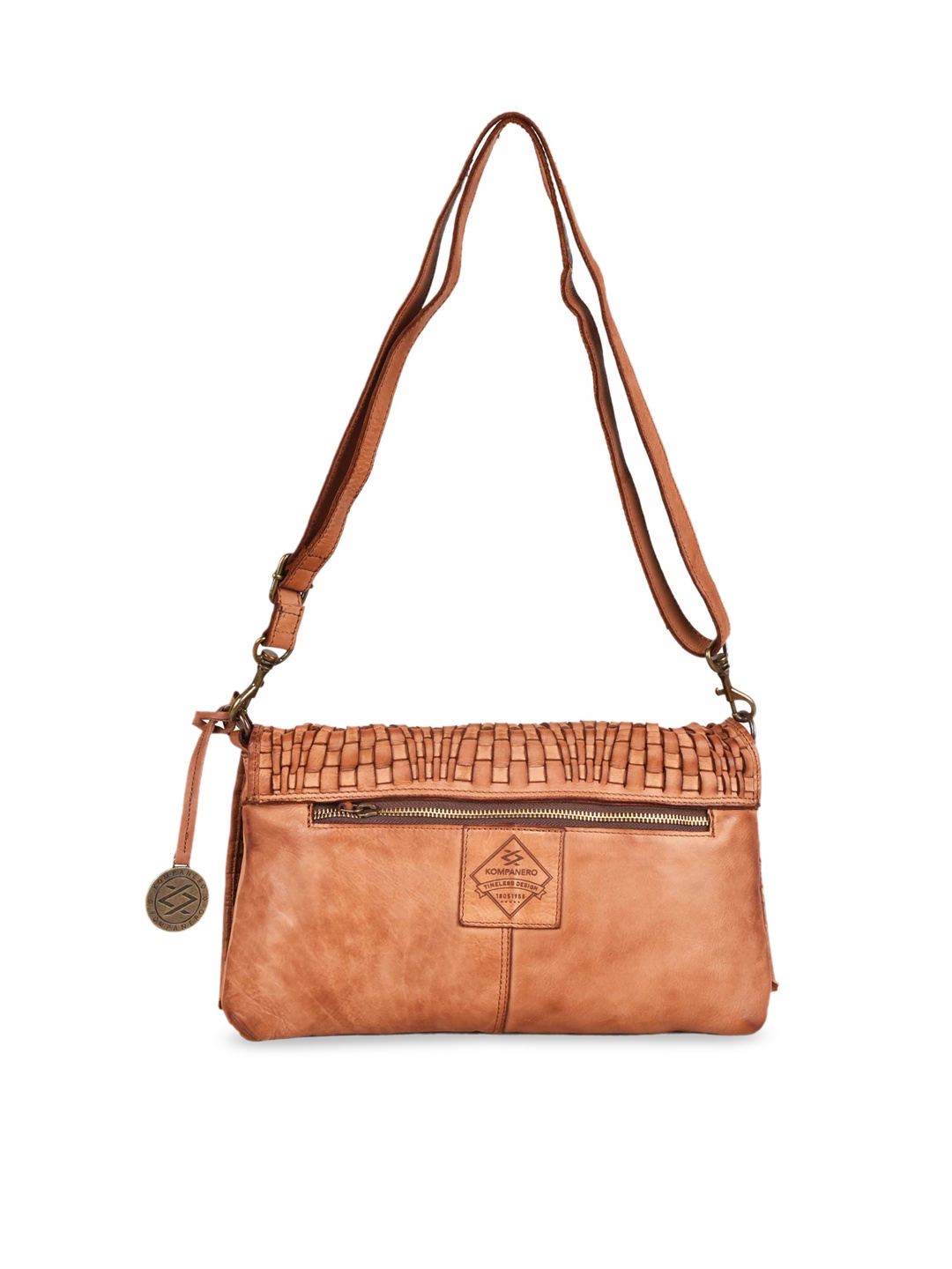 

KOMPANERO Textured Leather Structured Sling Bag, Tan