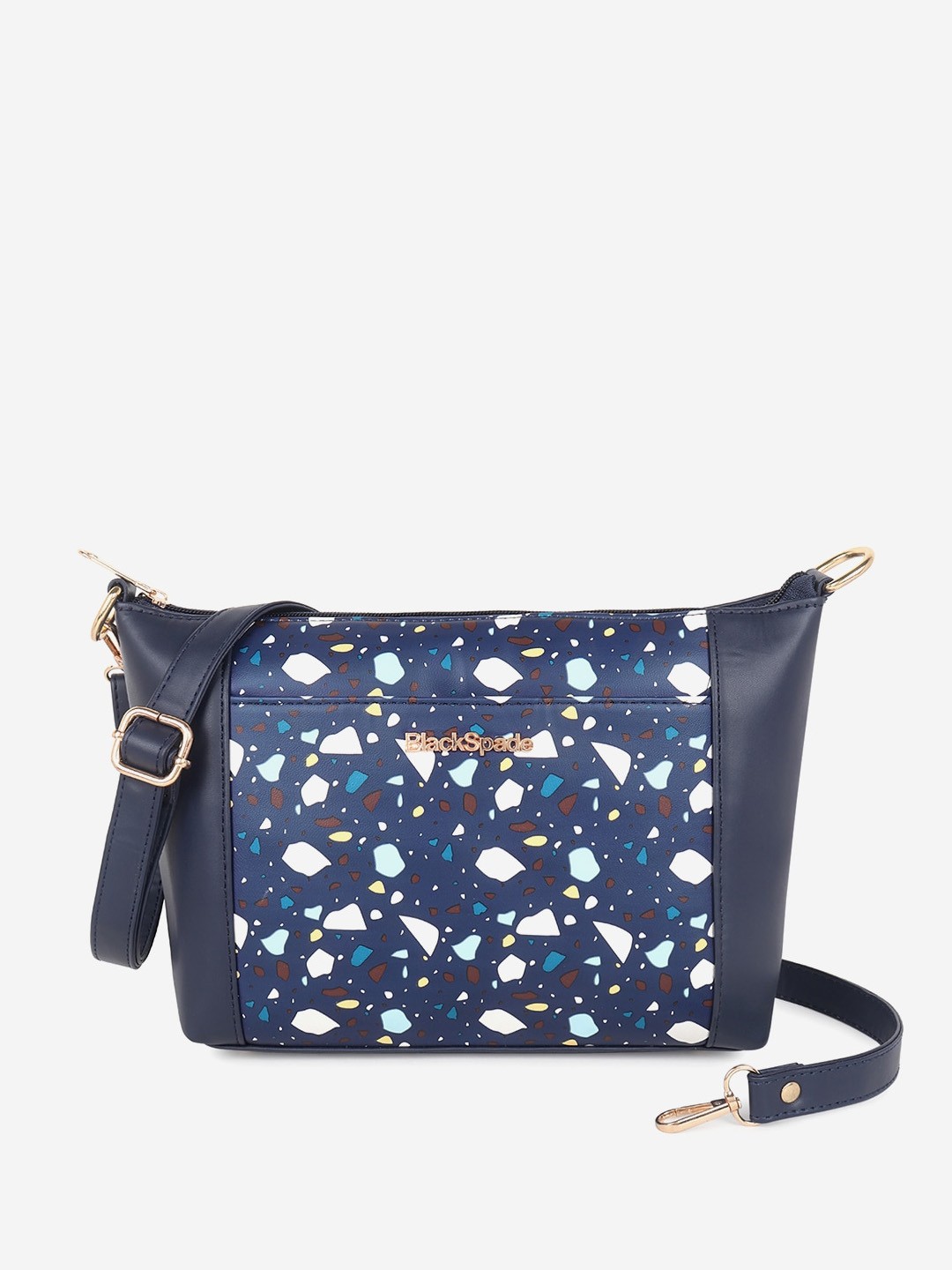 

Black Spade Women Printed Structured Sling Bag, Navy blue