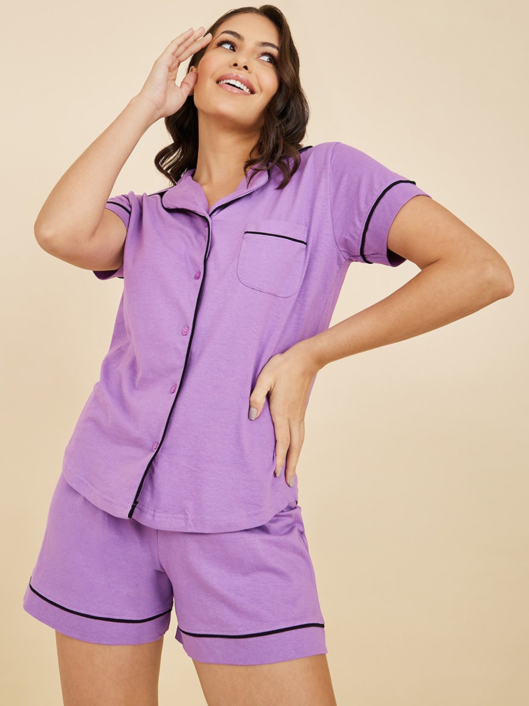 

Styli Lapel Collar Pure Cotton Night Suit, Purple