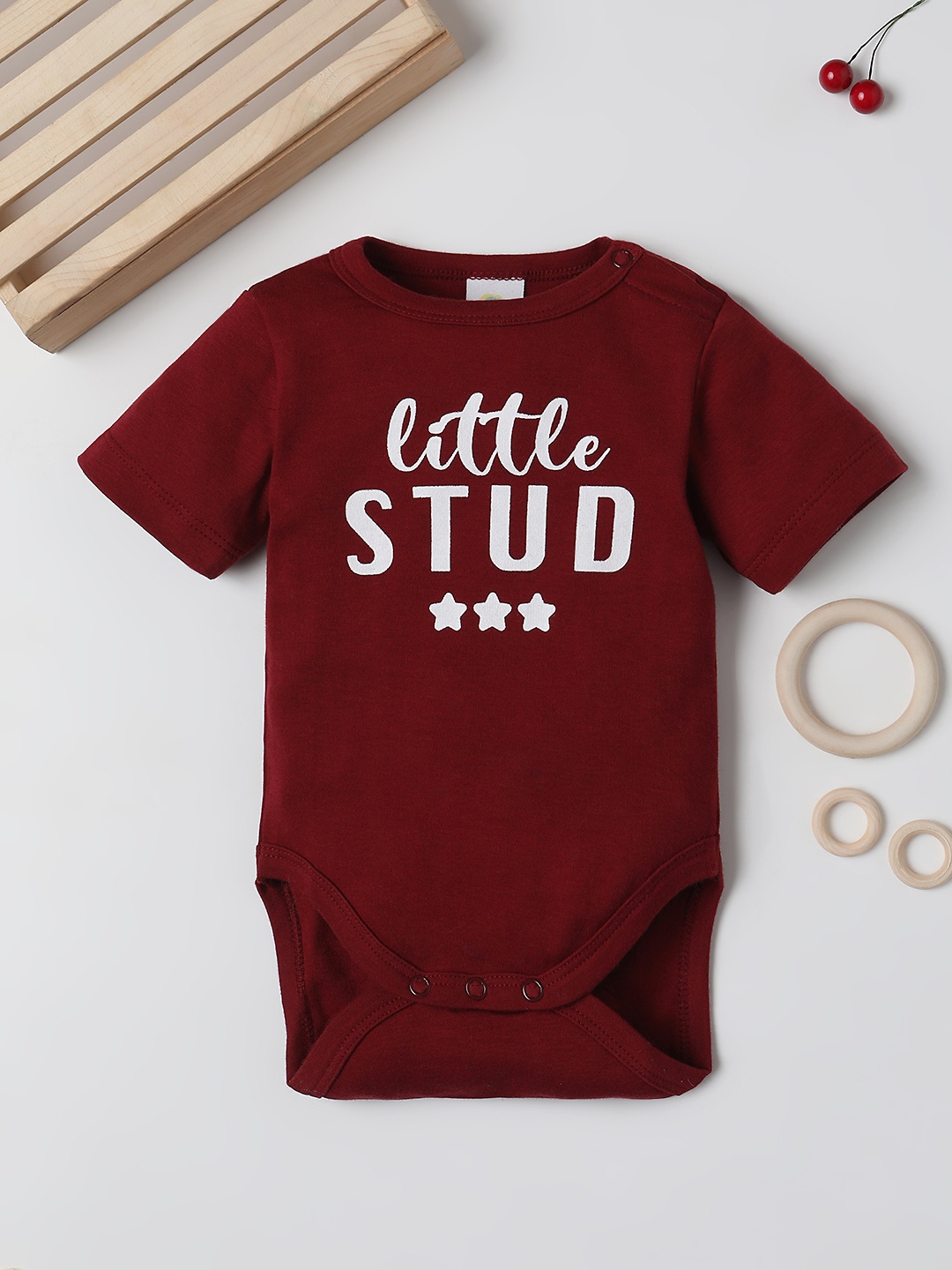 

Fancy Fluff Infant Boys Typography Print Knitted Pure Cotton Bodysuit, Red