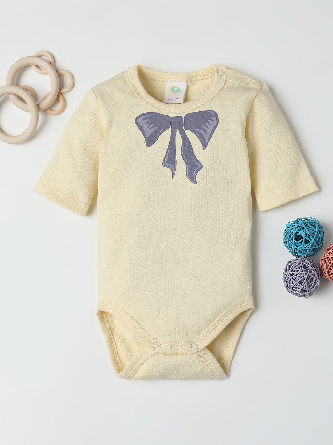 

Fancy Fluff Infant Girls Bow Print Knitted Pure Cotton Bodysuit, Cream