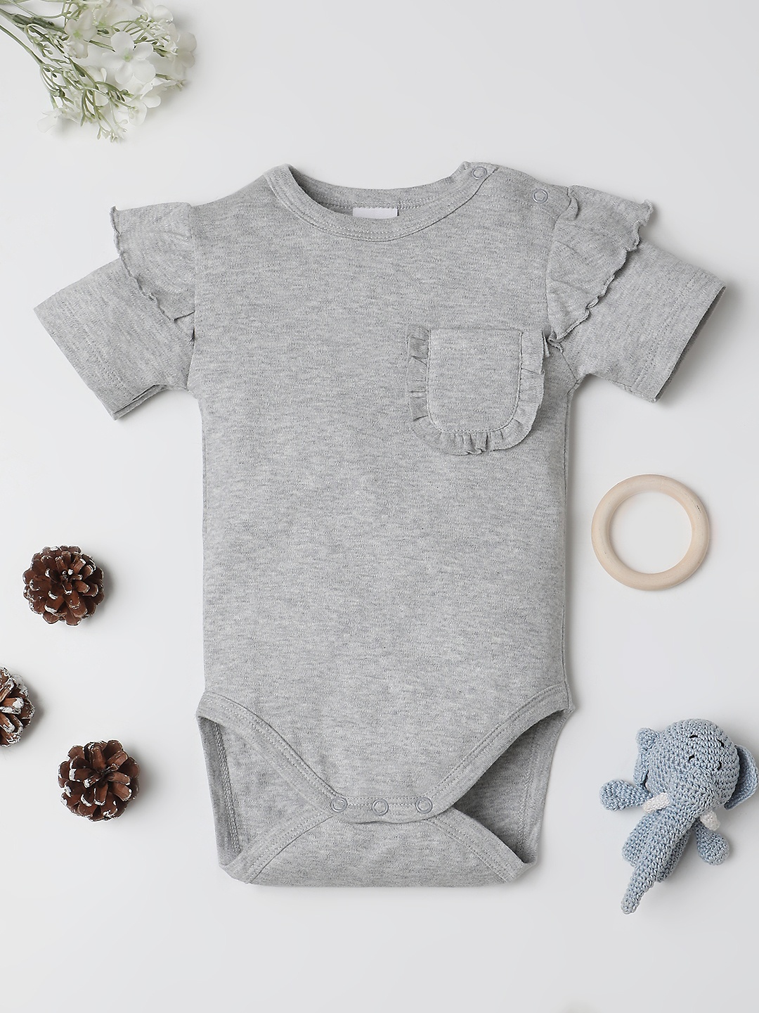 

Fancy Fluff Infant Girls Solid Pockets Ruffles Knitted Bodysuit, Grey melange