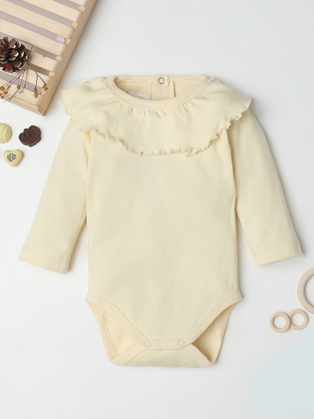 

Fancy Fluff Infant Girls Solid Knitted Pure Cotton Bodysuit With Cape Detail, Cream